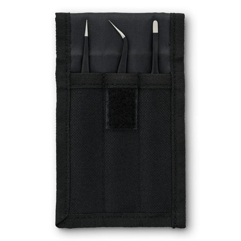 Pro Grade Precision Tweezers Set With Extra Fine Angled And Blunt Tips For Electronics Repair Hobby Industrial Crafting And Professional Work Anti Static Coated For Safe Handling Of Tiny Parts in black fabric case.