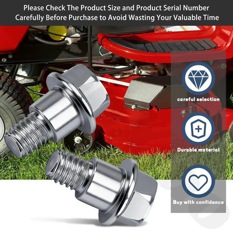 Close-up of 4 Pack Heavy Duty Replacement Shoulder Bolts 532196539 with lawn mower in the background.