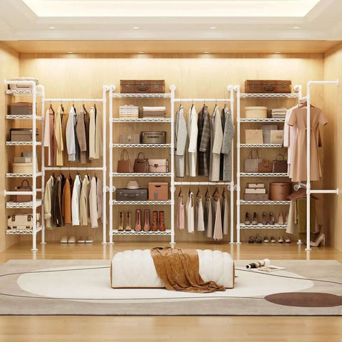 Wall Mounted Garment Rack and Closet System With Two Expandable Rods Six Adjustable Shelves Industrial Pipe Style Metal Shelving in White Heavy Duty Walk In Closet Organizer Easy Install Durable Clothes Storage Solution shown installed in a walk-in closet with clothes and accessories organized.