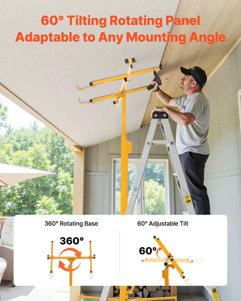 Front view of yellow VEVOR 16ft drywall lift with adjustable telescoping arm and 360° rotating base