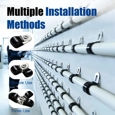 Mounted 20 Pcs 304 Stainless Steel Rubber Coated Insulated Cable Clamps for brake lines and hoses, side view on wall.