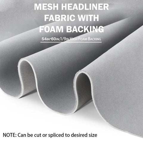 Gray Mesh Headliner Fabric With Foam Backing 54x60 Interior Roof Replacement, close-up of rolled fabric with foam layer