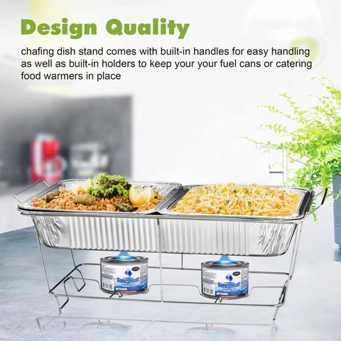 Chafing Wire Rack Buffet Stand 12 Pack Full Size Racks with serving trays and fuel cans, catering supplies for parties.