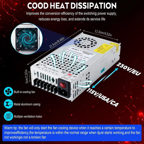 Beefy 24V 600W DC Switching Power Supply 110V to 220V AC Input 24V DC Output with cooling fan and metal casing