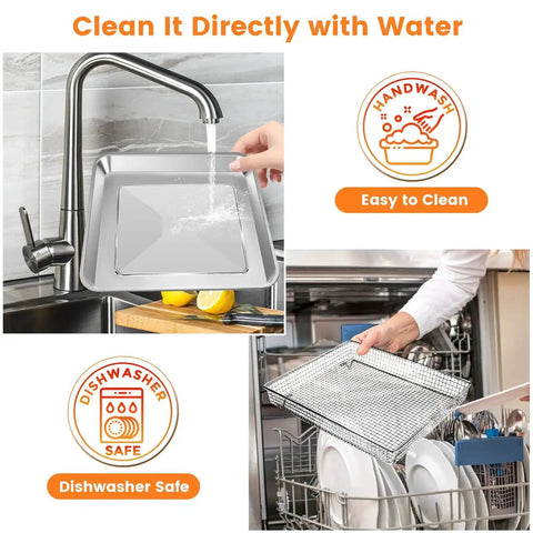 Beefy Built Tough Mesh Steel Air Fryer Basket Tray for TOA 60 TOA 65 TOA 70 being hand washed and dishwasher safe.