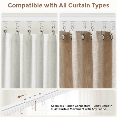 Heavy Duty Ceiling Curtain Track Kit With Quiet Glide Rollers 3 To 6 Ft White Ceiling Or Wall Mount Curtain Rail System Includes 20 Rollers 20 Hooks And 20 Clips Great Room Divider For Living Room Bathroom Or Hospital showing compatibility with different curtain types