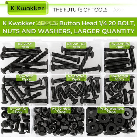 Complete 1/4-20 Bolt And Nut Set With Washers In Black, 219 Pieces With 73 Bolts 73 Nuts 73 Washers visible in compartments