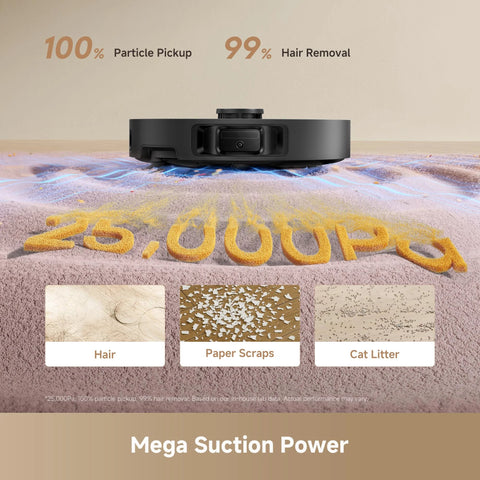 Black Dreame L40 Ultra Gen 2 robot vacuum on carpet with 25,000Pa suction and Mega Suction Power banner