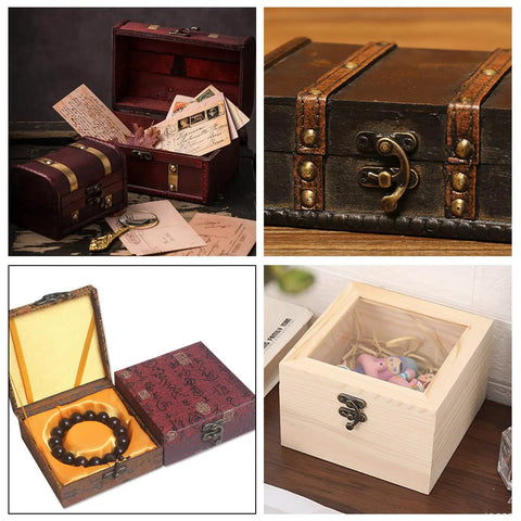 Collage of wood boxes with antique brass mini box hinges set, highlighting various designs and installed latches for jewelry and gift boxes.