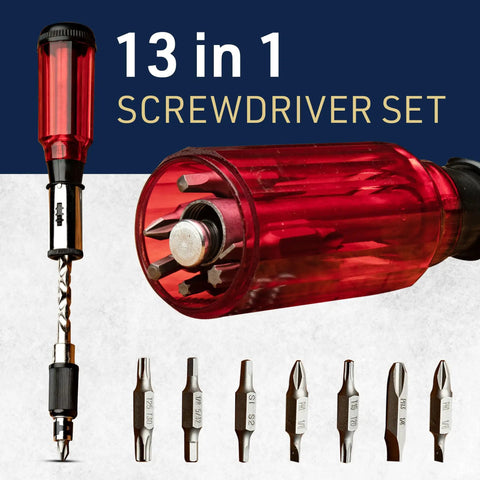 13 in 1 screwdriver set with red handle, interchangeable bits, visible drill bit assembly, various bit sizes shown.