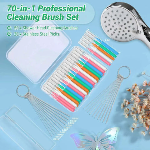 Shower Head Revival All In One Cleaning Kit With 50 Ultra Fine Nylon Brushes And 20 Surgical Steel Picks in colorful storage case