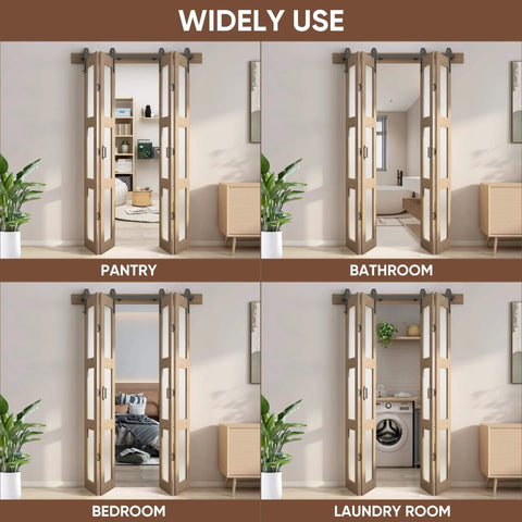 Bifold Glass Barn Door Kit With Hardware 3 Panel Frosted Glass Slab In Brown Wood Grain PVC Water Resistant Finish Includes Premium Hardware 48x84 Inches Perfect For Bedroom Living Room Or Bathroom