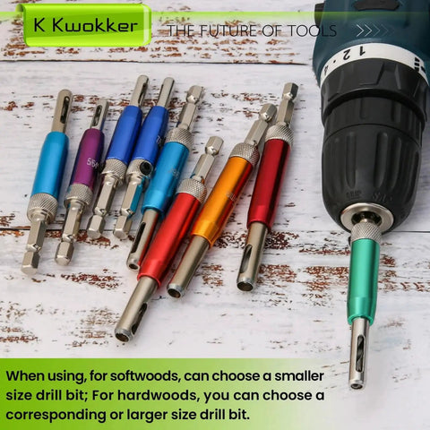 Self Centering Drill Bit Set For Hinges One Quarter Inch Hex Shank Vix Bit From Five Sixty Fourths Of An Inch To One Quarter Inch Pro Grade Durable For Metal Wood Aluminum Copper Stainless Steel Cabinets Doors Windows Kwokker, shown with various colored bits and a drill on a wooden surface.