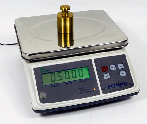 33Lb 0.001lb Digital Parts Counting Scale With Check Weighing Function For Inventory And Coin Counting Mid Range Counting Scale With Pro Grade Precision Ultra Accurate 0.001lb Readability And 2 Year Warranty, featuring a metal weight on top and digital display showing weight measurement.