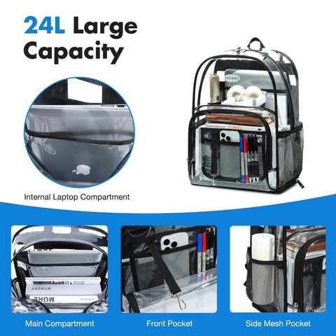 Transparent Rolling Backpack With Wheels And Three Stage Telescopic Handle Heavy Duty See Through Bookbag showing compartments and laptop area.