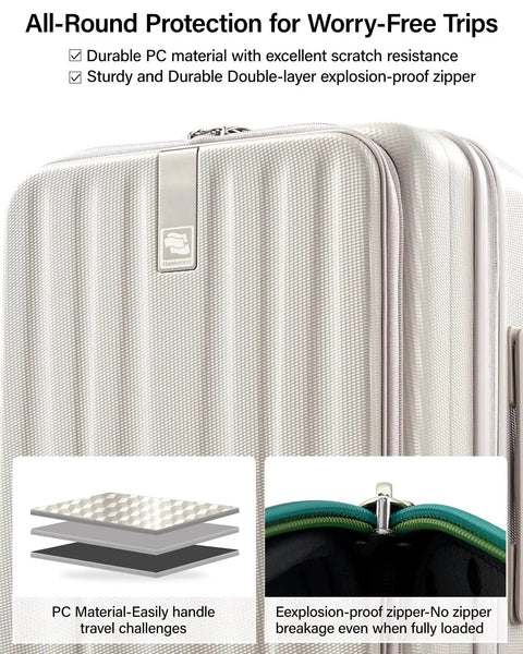 Ivory white top opening 24 inch expandable hard shell luggage with wheels and TSA approved lock, featuring double zipper and PC material.