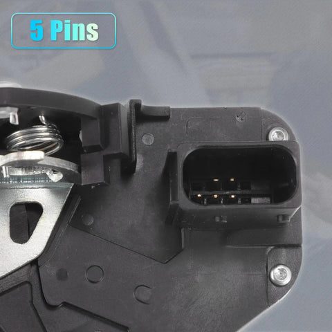 Close-up of a 5-pin replacement front left driver side power door lock actuator motor with cable for Chevy Silverado 2010 to 2013.