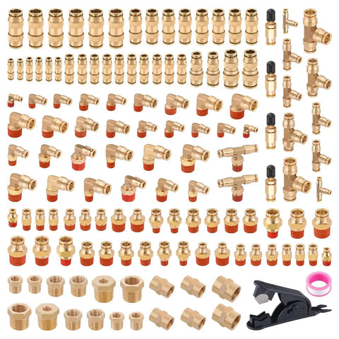 Brass DOT Air Line Fittings Kit 136 Piece Set With Push To Connect And Push Lock Quick Connect Fittings For Air Hose Sizes, Tees, Unions