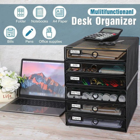 Two Pack Black 3 Tier Wire Mesh Desk Organizer With Drawers Stackable File Sorter And Paper Tray For Home Office setup