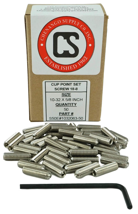10-32 Stainless Socket Set Screws Cup Point, 5/8 Inch, Coarse Thread, Headless Grub Screws With Recessed Hex Drive, Pack Of 50 With Hex Key Wrench