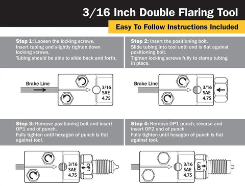 Instructions diagram for 3/16 Inch SAE Inverted 45 Degree Double Flaring Tool For Tubing with four step icons.