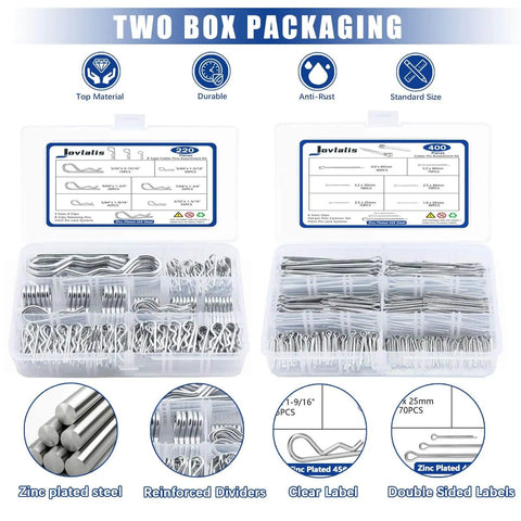 620 Pcs Cotter Pins Assortment Kit With Hairpin Cotter Pins And R Clips In 12 Sizes For Hitch Pin Lock Systems Zinc Plated For Automotive, Farm, Lawn And Garden, And General Hardware Projects in two-box packaging with zinc-plated steel pins.