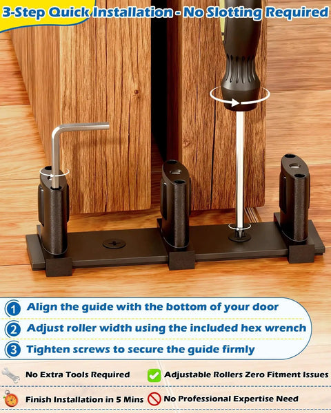 Three-Roller Adjustable Sliding Closet Door Floor Guide Upgrade Kit Bottom Mount For Bypass Double Bypass And Barn Doors One Pack Provides Ultra Smooth Gliding And Edge Protection For Door Panels being installed with hex wrench and screwdriver on wooden floor.