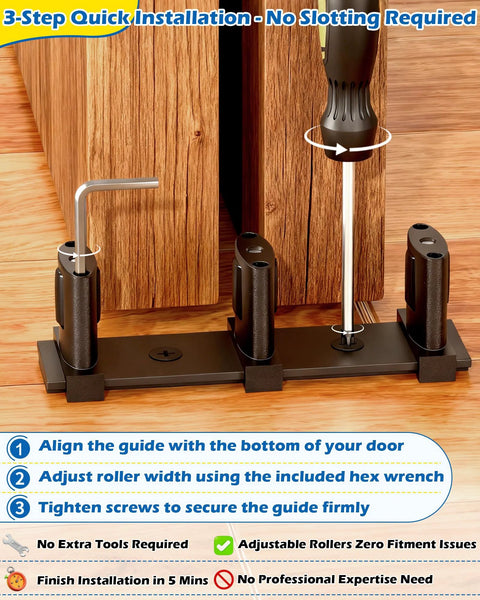 Three Roller Adjustable Sliding Closet Door Floor Guide Upgrade Kit two pack black bottom mount installation guide on wooden floor