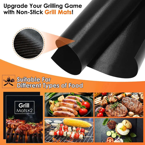 Non-stick grill mats for enhancing outdoor grilling with images of various grilled foods and texture close-up.