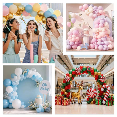 Collage of colorful balloon arches and decorations at various events, including a holiday-themed arch with reindeer.