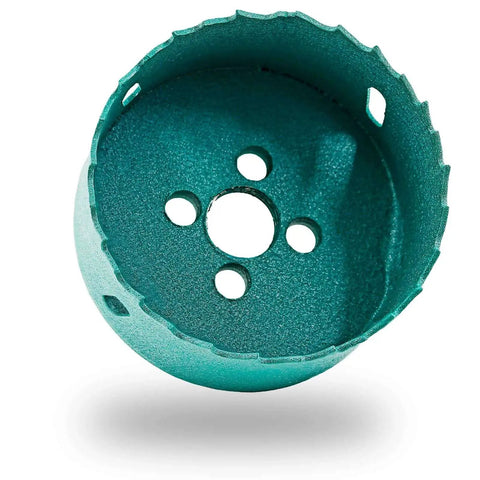 2.75 Inch Hole Saw With Arbor For Smooth As Butter Cuts In Wood Plastic Fiberboard Drywall Cornhole Boards HSS Bi Metal Cutter Kit By Qjaiune 70mm With Center Bits And Allen Wrench, shown from top view focusing on serrated edge