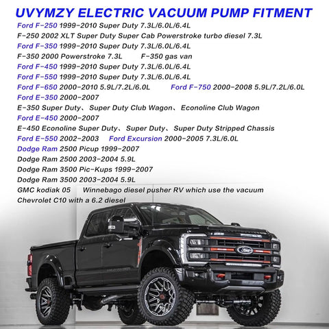 UVYMZY electric vacuum pump fitment text listing Ford/Dodge models; black lifted Ford Super Duty pickup.