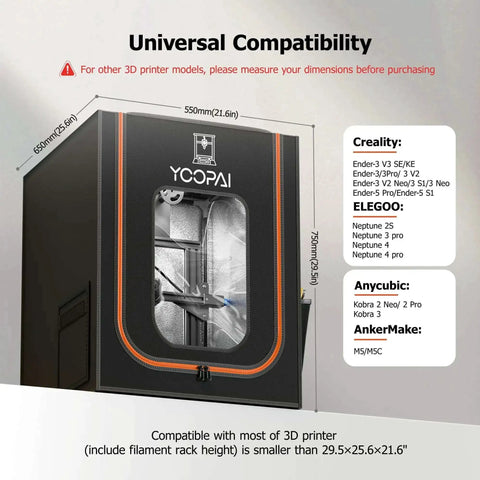 Adjustable Ventilation Kit for 3D Printer Enclosure showing compatibility with various models