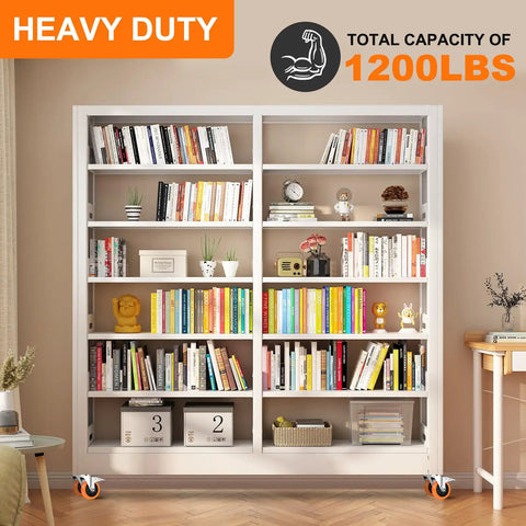 Heavy duty bookshelf on caster wheels, holding books and decor, with 1200 lbs capacity label at the top. Room setting.
