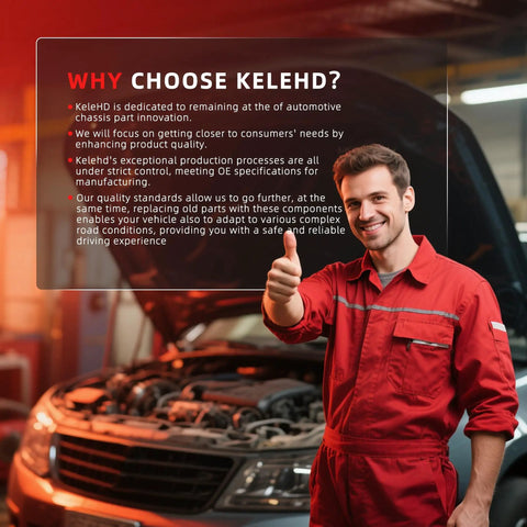 Mechanic in red uniform giving thumbs up near car with text overlay 'Why Choose KELEHD?' and bullet points on quality and innovation