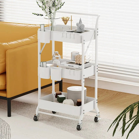 Three-Tier Folding Rolling Utility Cart With Wheels Foldable Storage Organizer With Three Hanging Cups And Six Hooks for home use