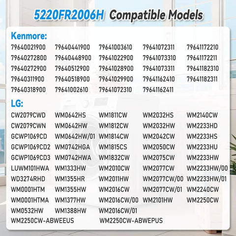 Washer water inlet valve replacement 5220FR2006H/5220FR2075L; compatibility chart for LG and Kenmore models.