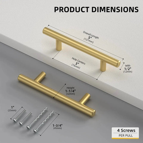 Brushed Gold Cabinet Handles 10 Pack 3 Inch Stainless Steel Drawer Pulls Durable Kitchen Cabinet Hardware With 76mm Hole Centers And 127mm Total Length For Dresser Wardrobe Bathroom And Bedroom Easy DIY Upgrade dimensions and screws included