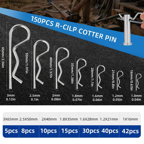 150 stainless steel R clip cotter pins in assorted sizes and quantities, part of Stainless Steel Cotter Pin Kit With 295 Pieces Including 13 Sizes Of R Clip Pins Pro Grade Spring Fasteners Straight And Hitch Pins For Trailers Mowers Trucks And DIY Projects