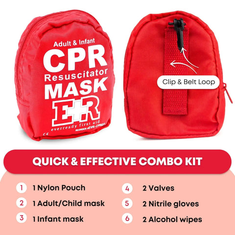 Adult And Infant CPR Mask Kit With One Way Valves, Gloves, Alcohol Prep Pads, Red Pouch, Front and Back View