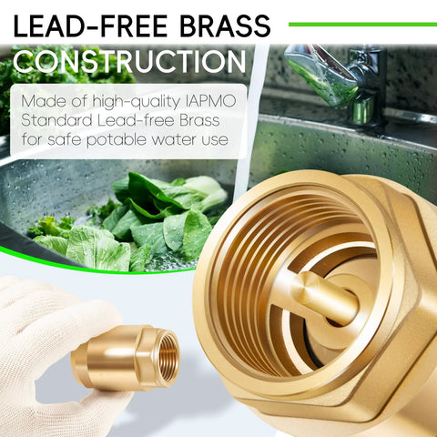 Amazon 2-pack 3/4 in IPS brass inline check valves with backflow prevention; close-up view with threaded ends
