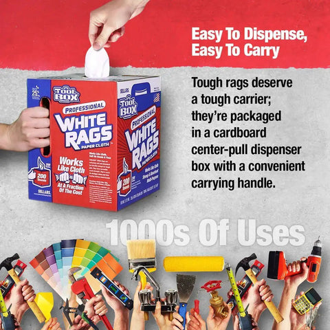 Painters Rags And Shop Towels 200 Count White Center Pull Box Provides Heavy Duty Absorbent Wipes For Paint Cleanup And General Messes