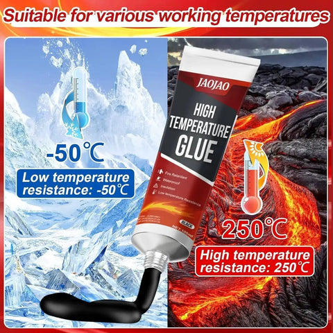 High Temp Silicone Sealant For Ovens And Fireplaces Fast Drying Waterproof Flexible Glue That Will Not Crack Scrapers Included Heat Resistant DIY Friendly For Microwave And Home Use Black shown with temperature extremes of -50°C to 250°C.