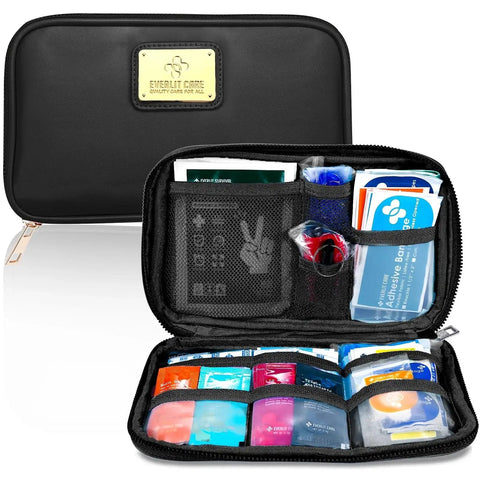 Open Car First Aid Kit With Emergency Supplies For Family Travel, showing organized medical items in a compact black case