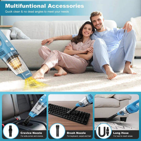 Multifunctional cordless handheld vacuum with accessories shown vacuums keyboard and couch, Power Packed Cordless Handheld Vacuum With 14500 Pa Suction, Brushless Motor, Rechargeable And Portable Car Home Office Cleaner For Pet Hair, Dust, Crumbs On The Go, Perfect For Cars And Homes.