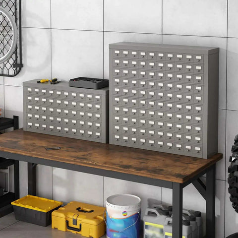 100-Drawer Cold Rolled Steel Storage Cabinet With Divider And 10-Tier Tool Organizer Rack for hardware shown on workbench.