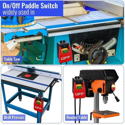 Single Phase On Off Switch With Large Stop Sign Paddle installed on table saw, drill press, and router table