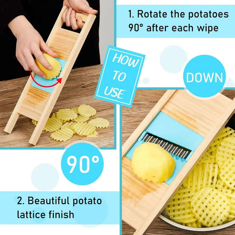 Make Waffle Fries And Crinkle Cut Potatoes With This 2 Piece Stainless Steel Cutter Set Blue For Home Kitchen Includes Potatoes Slicer And Carrot Chip Maker A Versatile Wave Style Kitchen Tool shown in use for cutting waffle fries.