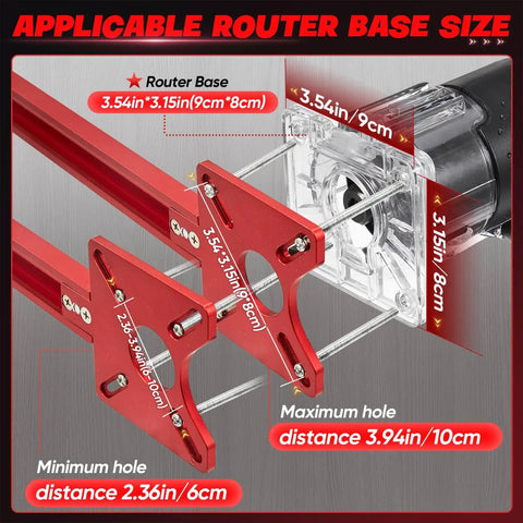 Pro Grade 4 In 1 Router Milling Groove Bracket for woodworking, showing red aluminum brackets with measurements for router base.