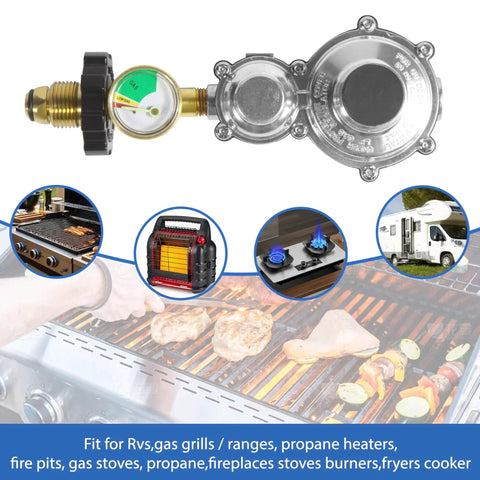 Two Stage Propane Regulator With Gauge And POL Three Eighths Inch Female NPT For Twenty To One Hundred Pound Tanks shown with appliances